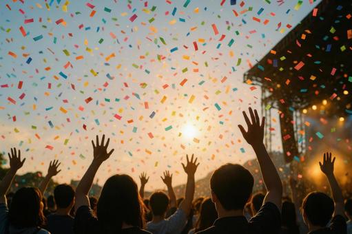 紙吹雪と観客のシルエットの写真