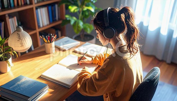お気に入りの音楽を聴きながら勉強する女性 勉強,ノートパソコン,女性の写真素材