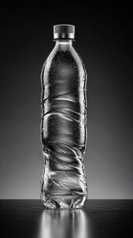 暗い背景に浮かび上がる透明な水ボトルの写真