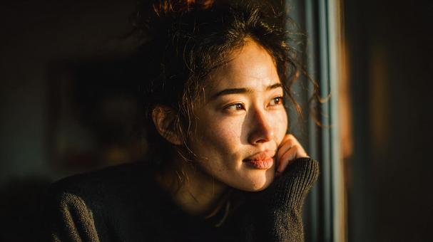 窓の外を見つめる女性の写真