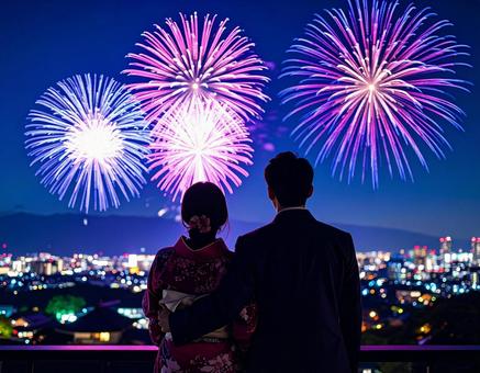 花火とカップル 花火とカップルの写真