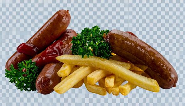 ケチャップつきフライドポテトとウインナー ケチャップつきフライドポテトとウインナーの写真