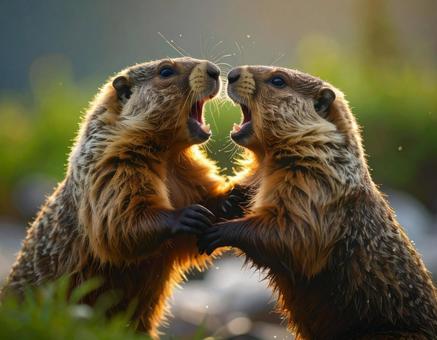 喧嘩して威嚇しあうマーモット 喧嘩して威嚇しあうマーモットの写真
