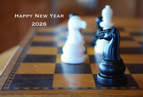 チェスのナイトの午年年賀状（黒いナイト） 年賀状,チェス,2026年の写真素材