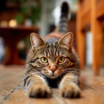 柔軟な体:伸びをする茶色の猫の愛らしい姿 柔軟な体:伸びをする茶色の猫の愛らしい姿の写真