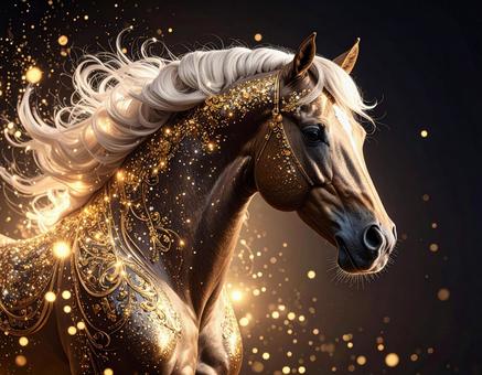 金色に輝く馬と流れるたてがみの幻想的な光 金色に輝く馬と流れるたてがみの幻想的な光の写真