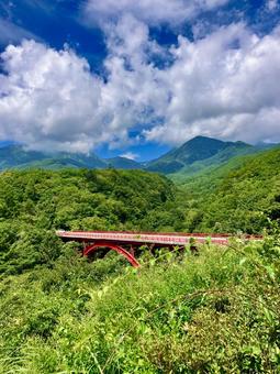 山間に架かる赤いアーチ橋 山間に架かる赤いアーチ橋 橋,赤い橋,東沢大橋の写真素材