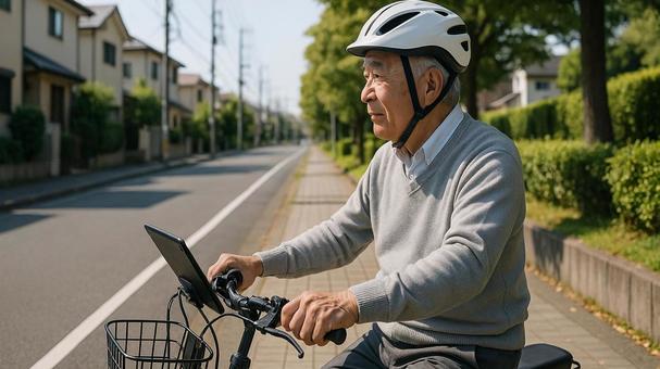 シニア電動自転車運転 シニア電動自転車運転の写真