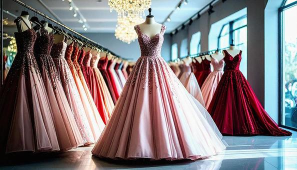 レンタルドレス屋にかかるたくさんのドレスの写真