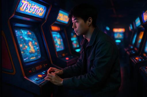 深夜のゲームセンターで遊ぶ若者 深夜のゲームセンターで遊ぶ若者の写真