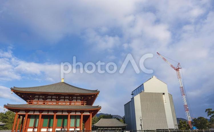 興福寺中金堂と修復中の五重塔 興福寺,中金堂,青空の写真素材