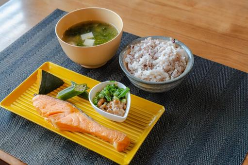 Grilled salmon Japanese breakfast, JPG