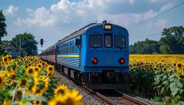 向日葵と電車 向日葵と電車の写真