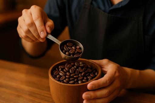 計量スプーンで豆をすくう 計量スプーンで豆をすくうの写真