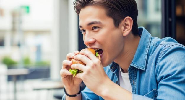 ハンバーガーを食べる男性のアップの写真