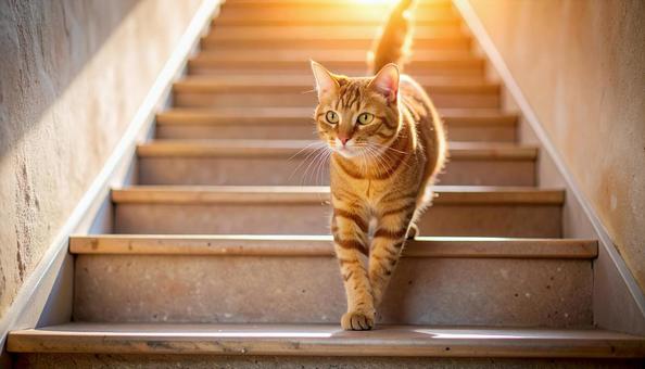 階段を下りる猫 階段を下りる猫の写真