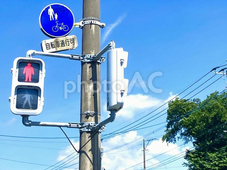 歩行者信号と自転車及び歩行者専用の標識 歩行者信号,交通ルール,赤信号の写真素材