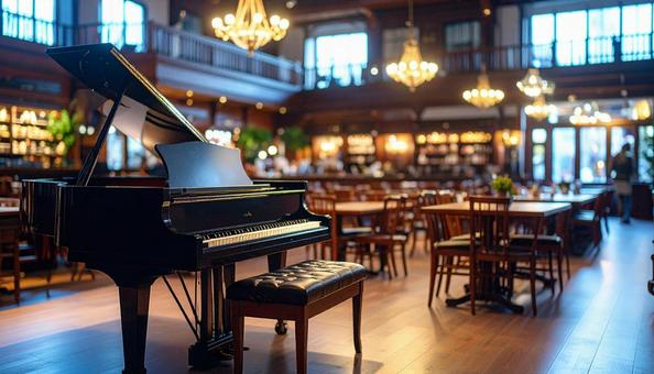 ピアノが置かれたカフェ店内の写真