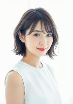 茶髪ボブヘアの20代の若い女性の笑顔の写真