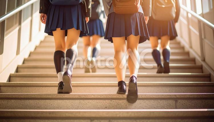 階段を登る日本人の高校生たち 高校生,後ろ姿,学校の写真素材