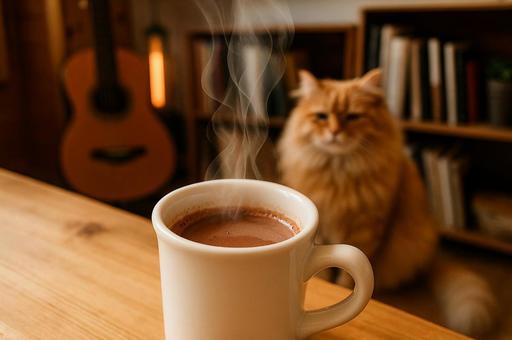 ホットココアを見つめる猫 ホットココアを見つめる猫の写真