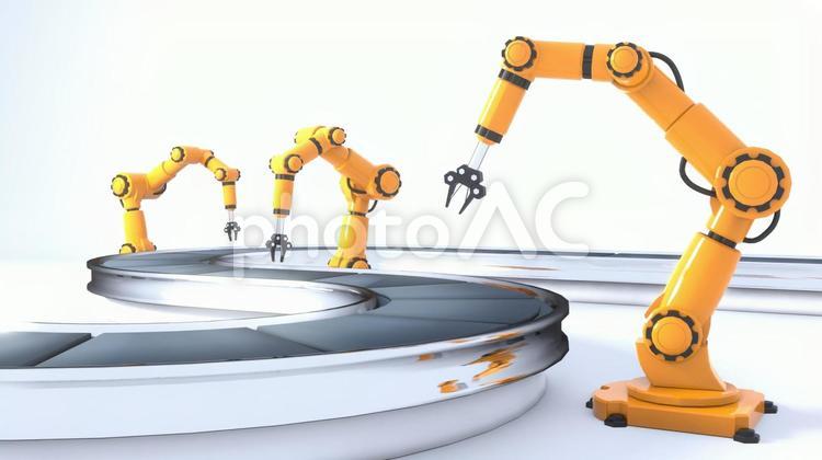 ロボットアームと製造ライン(背景用) 産業用ロボット,ロボットアーム,ベルトコンベアの写真素材