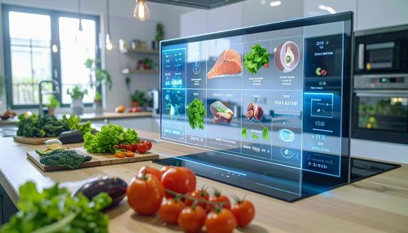 キッチンにホログラム　食材の接写の写真