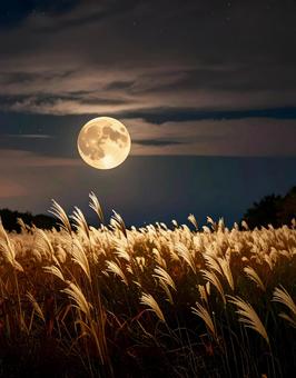 ススキの野原に上る月 ススキの野原に上る月の写真