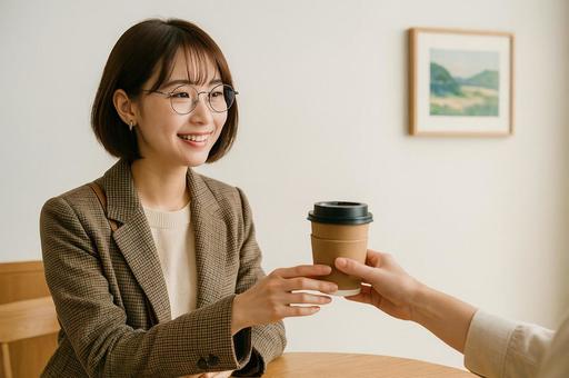 飲み物を受け取るメガネの女性 飲み物を受け取るメガネの女性の写真