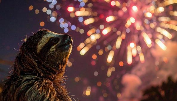 花火を見上げるナマケモノ 花火を見上げるナマケモノの写真