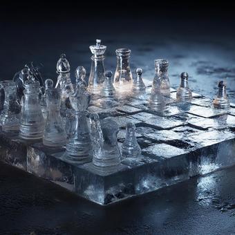 透明なチェスの駒が並ぶ、氷上の静寂な戦いの写真