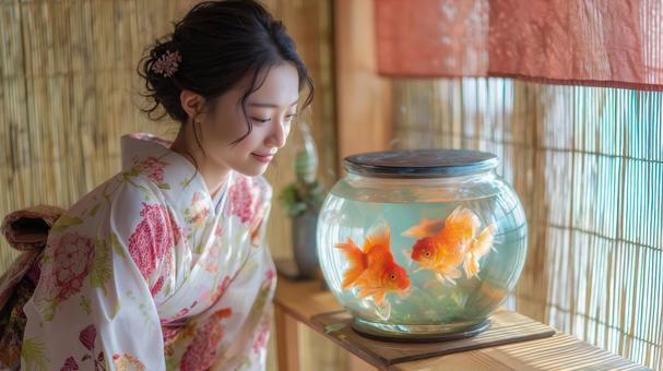 水槽を泳ぐ金魚と浴衣を着た女性 水槽を泳ぐ金魚と浴衣を着た女性の写真