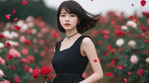 薔薇園と黒髪の女性の写真