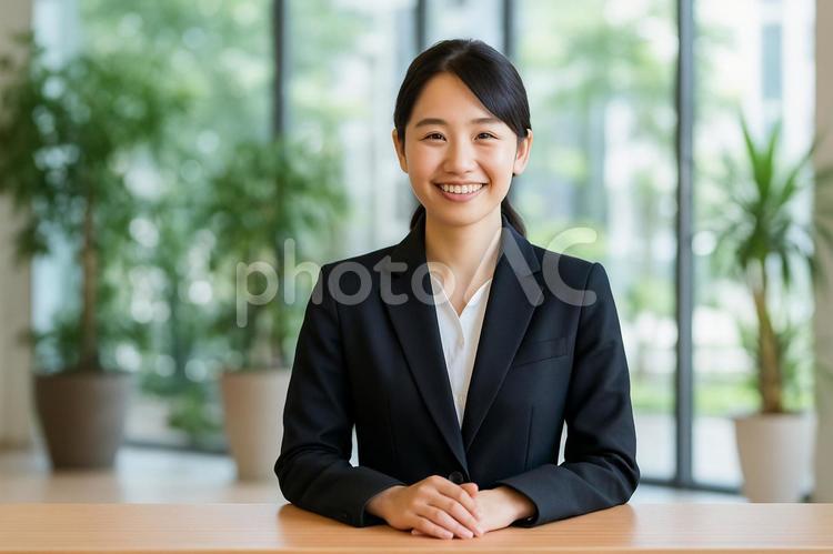 受付カウンター越し笑顔女性 受付,笑顔,女性の写真素材