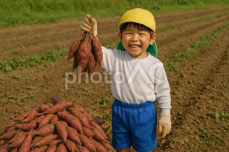 笑顔の芋掘り大収穫　笑顔の幼稚園生 芋掘り,さつまいも,幼稚園児の写真素材