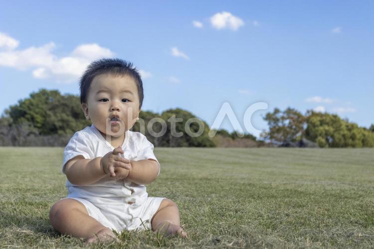 芝生の公園で座る赤ちゃん（男の子、0歳 赤ちゃん,男の子,遊ぶの写真素材