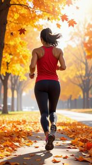 スポーツの秋 紅葉の中を走る女性 後ろ姿 スポーツの秋 紅葉の中を走る女性 後ろ姿の写真