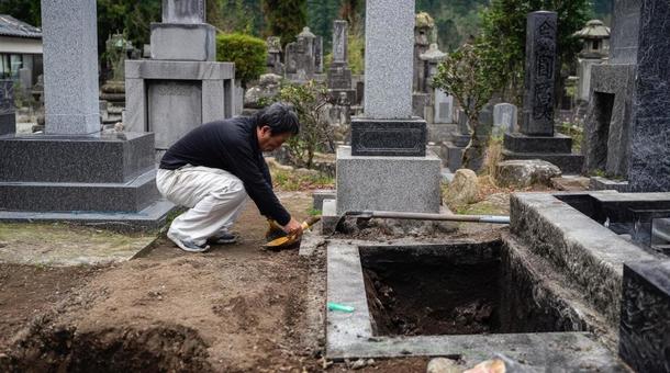 お墓の修繕を行う男性・墓地・墓石・作業 お墓の修繕を行う男性・墓地・墓石・作業の写真