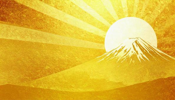 富士山　太陽　金色の紙の質感のある背景の写真