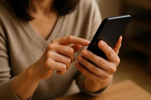 スマホ操作する中年女性 スマホ操作する中年女性の写真