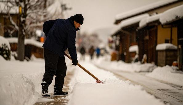 大雪が降った日の翌日の朝に雪かきする男性 大雪が降った日の翌日の朝に雪かきする男性 の写真