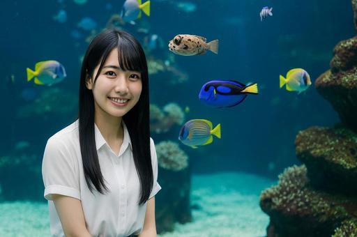 水族館の水槽の前で笑顔の女性 水族館の水槽の前で笑顔の女性の写真