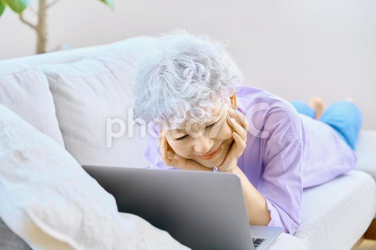 高齢　ノートパソコン　リラックス　寝転ぶ シニア,女性,ノートパソコンの写真素材