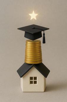 学びの投資(家と金貨と学位帽) 学びの投資(家と金貨と学位帽)の写真