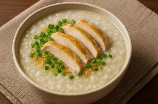鶏がゆとネギのヘルシー朝食・おかゆ・朝食 鶏がゆとネギのヘルシー朝食・おかゆ・朝食の写真
