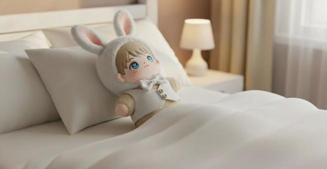 ベッドに寝かせたぬいの写真