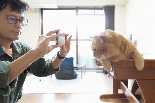 飼い猫撮影をする男性 猫,飼い猫,撮影の写真素材