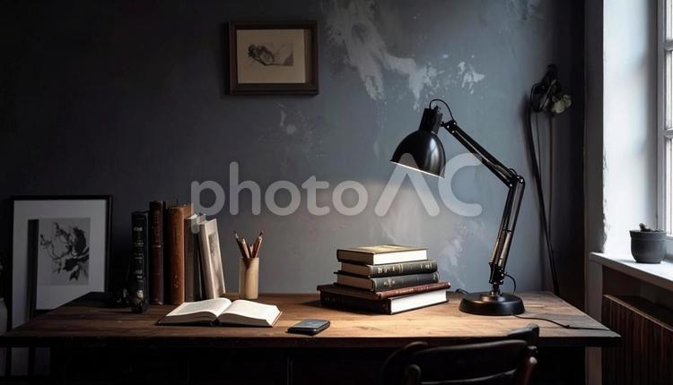 机の上のライトスタンドと本 机,ライト,スタンドの写真素材