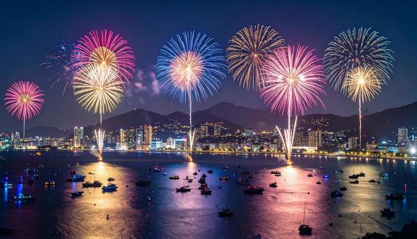 夜の街を彩る花火の写真