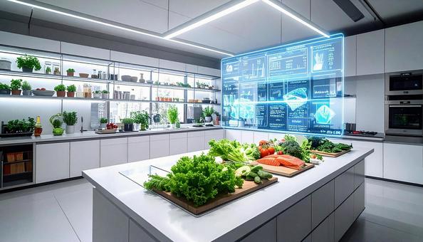 食材の並べられたキッチンにホログラムの写真